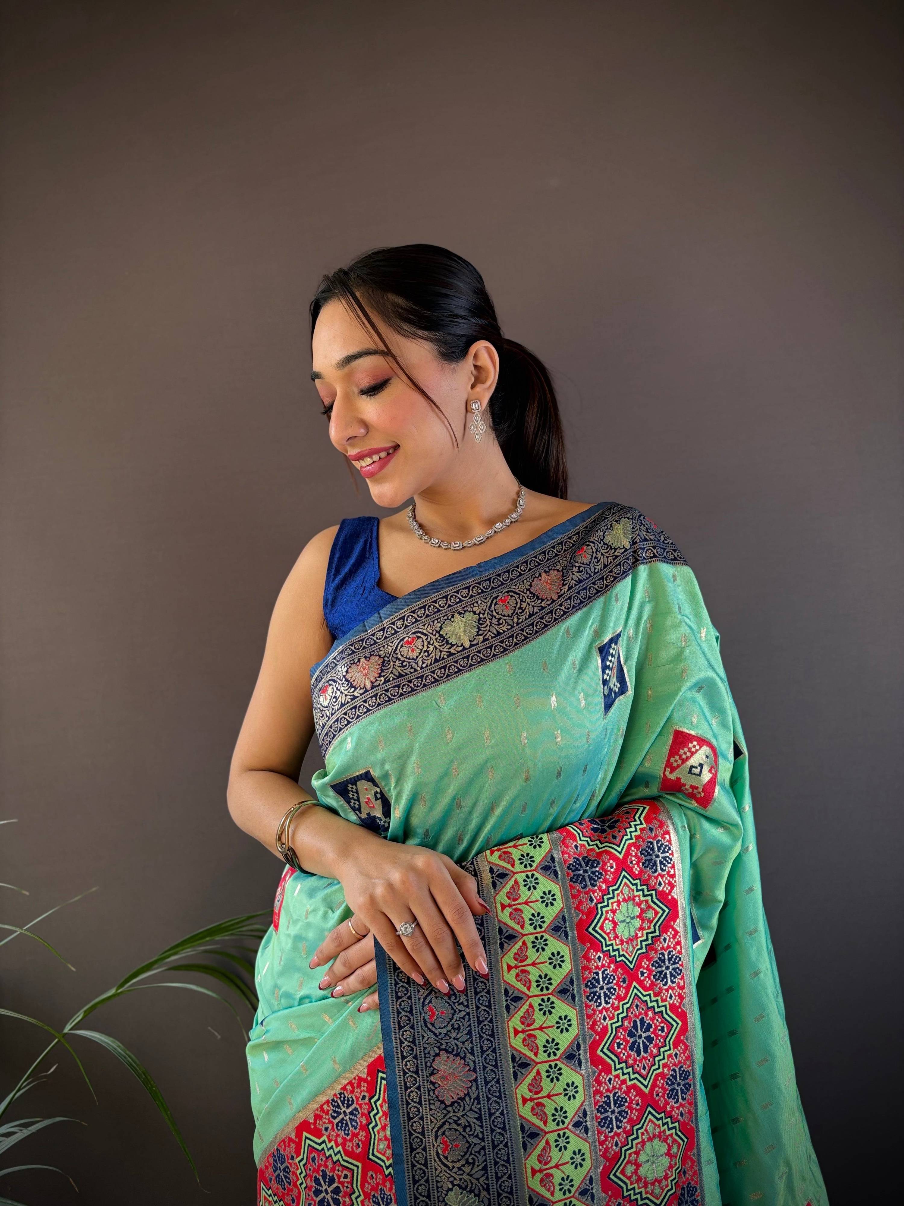 Elora Turquoise Soft Silk Small Butti Zari Weaving Contrast Weaving Border Banarasi Saree | Grocsy
