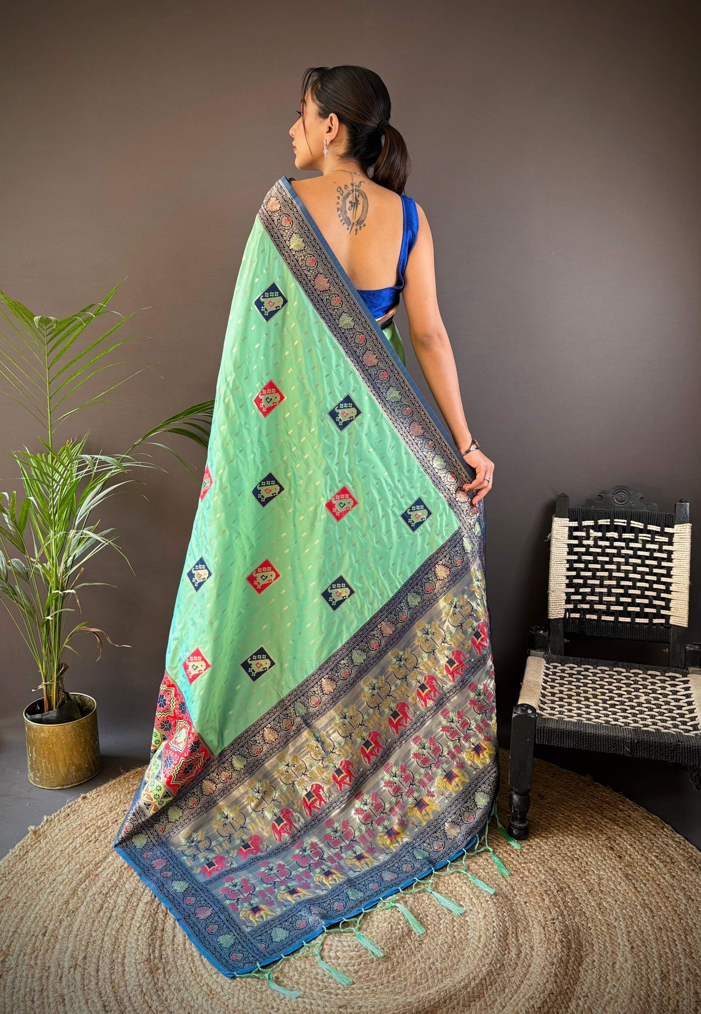 Elora Turquoise Soft Silk Small Butti Zari Weaving Contrast Weaving Border Banarasi Saree | Grocsy