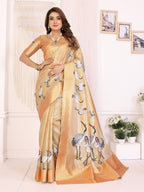 Elora Golden Soft Tissue Silk Cranes Floral Digital Printed Saree | Grocsy