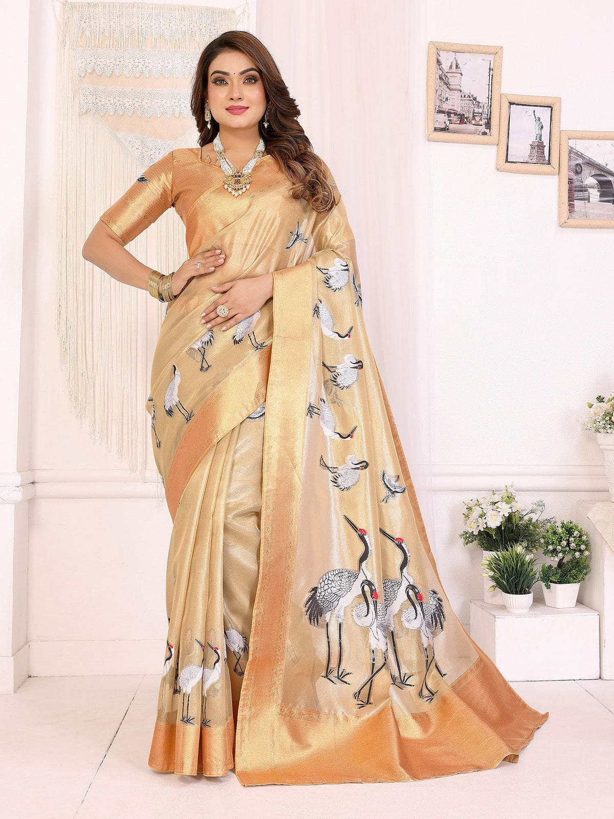 Elora Golden Soft Tissue Silk Cranes Floral Digital Printed Saree | Grocsy