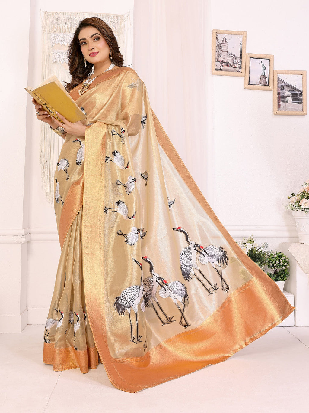 Elora Golden Soft Tissue Silk Cranes Floral Digital Printed Saree | Grocsy