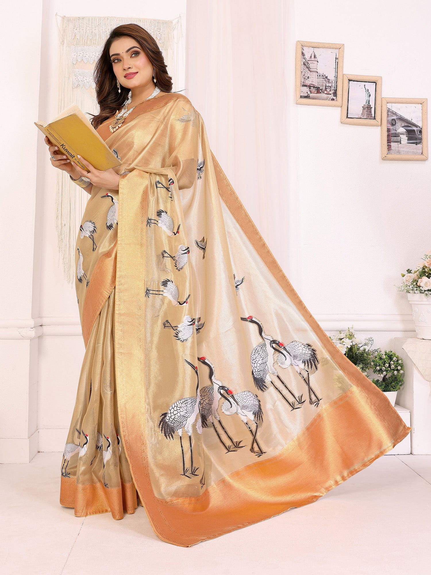 Elora Golden Soft Tissue Silk Cranes Floral Digital Printed Saree | Grocsy
