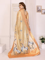 Elora Golden Soft Tissue Silk Cranes Floral Digital Printed Saree | Grocsy