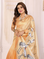 Elora Golden Soft Tissue Silk Cranes Floral Digital Printed Saree | Grocsy