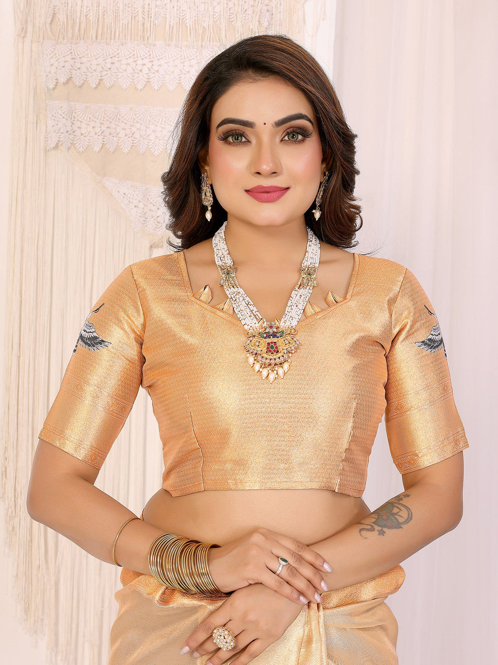 Elora Golden Soft Tissue Silk Cranes Floral Digital Printed Saree | Grocsy
