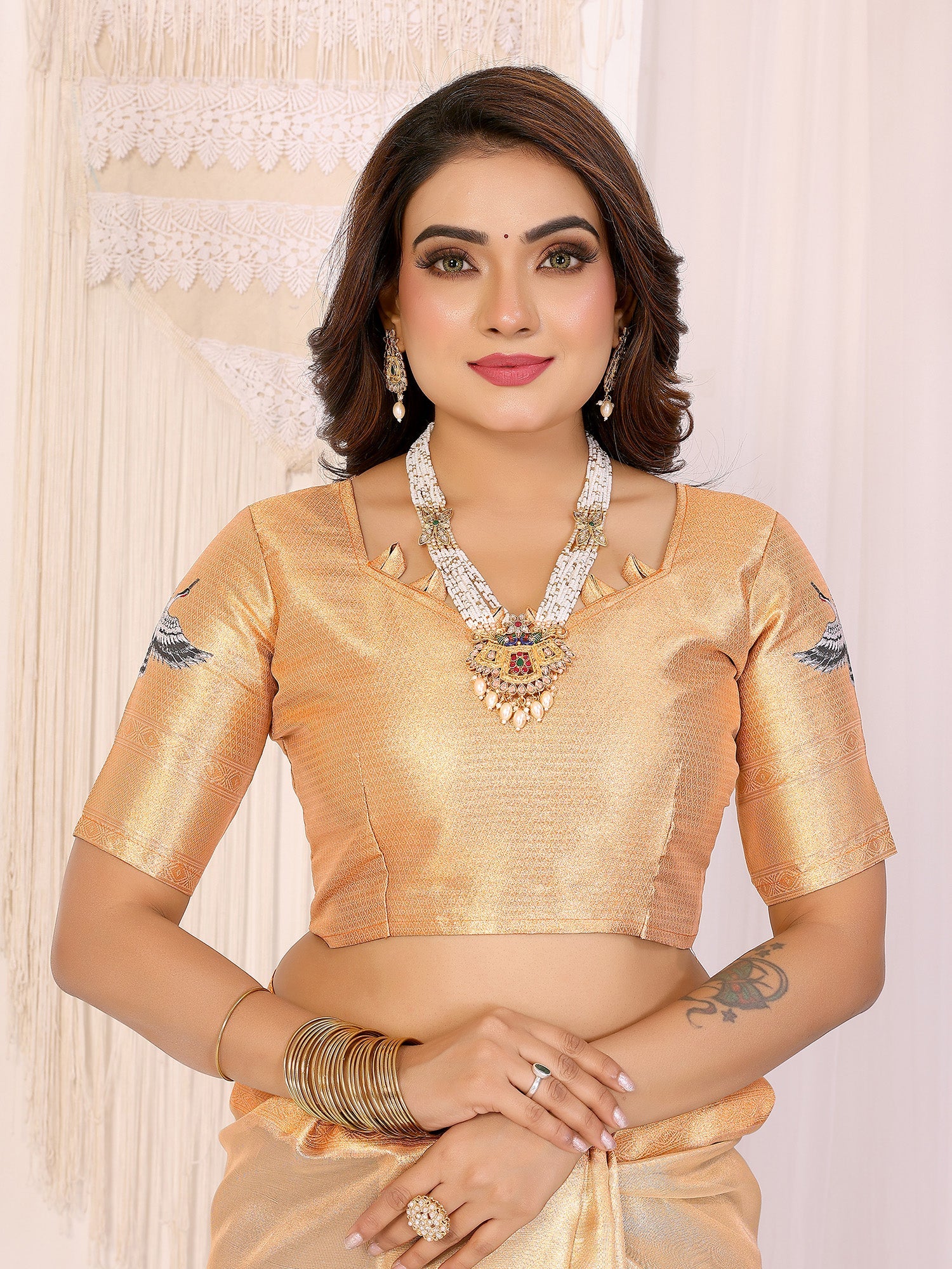 Elora Golden Soft Tissue Silk Cranes Floral Digital Printed Saree | Grocsy