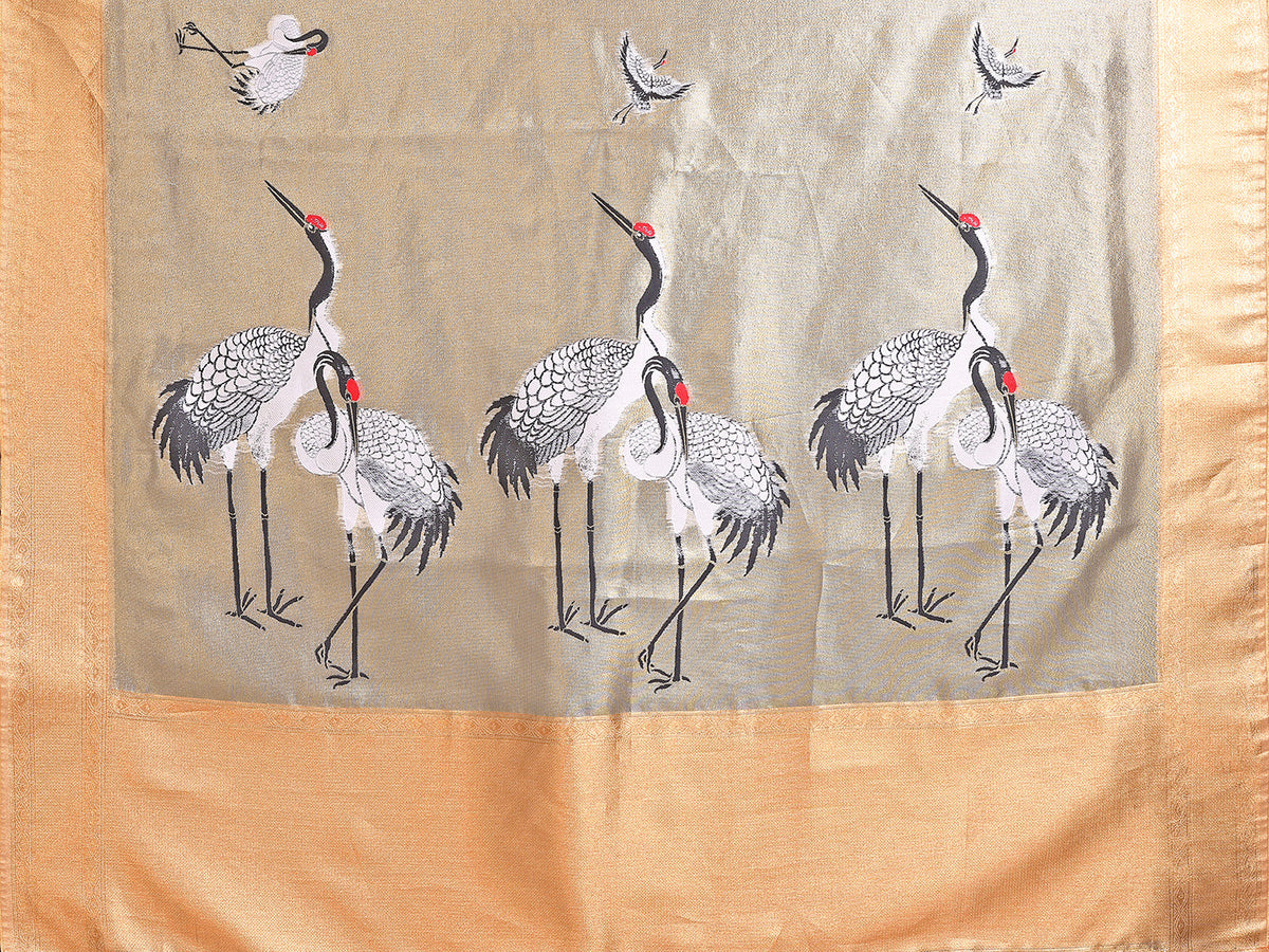 Elora Golden Soft Tissue Silk Cranes Floral Digital Printed Saree | Grocsy
