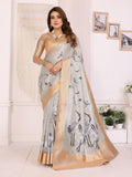 Elora Silver Soft Tissue Silk Cranes Floral Digital Printed Saree | Grocsy