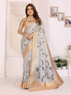Elora Silver Soft Tissue Silk Cranes Floral Digital Printed Saree | Grocsy
