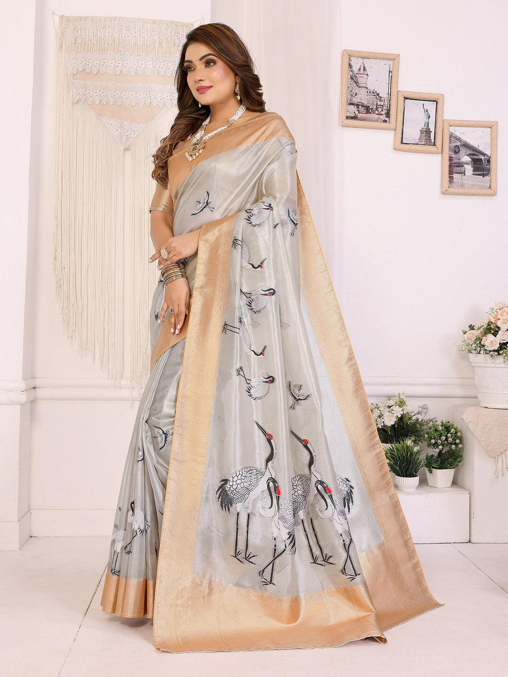 Elora Silver Soft Tissue Silk Cranes Floral Digital Printed Saree | Grocsy