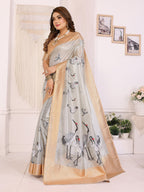 Elora Silver Soft Tissue Silk Cranes Floral Digital Printed Saree | Grocsy