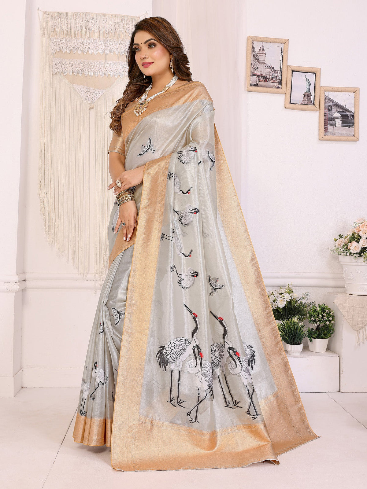 Elora Silver Soft Tissue Silk Cranes Floral Digital Printed Saree | Grocsy