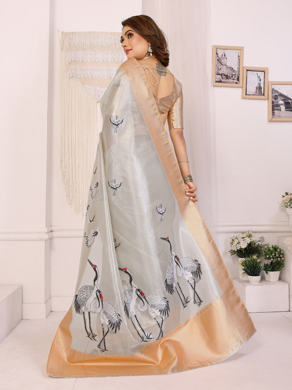 Elora Silver Soft Tissue Silk Cranes Floral Digital Printed Saree | Grocsy