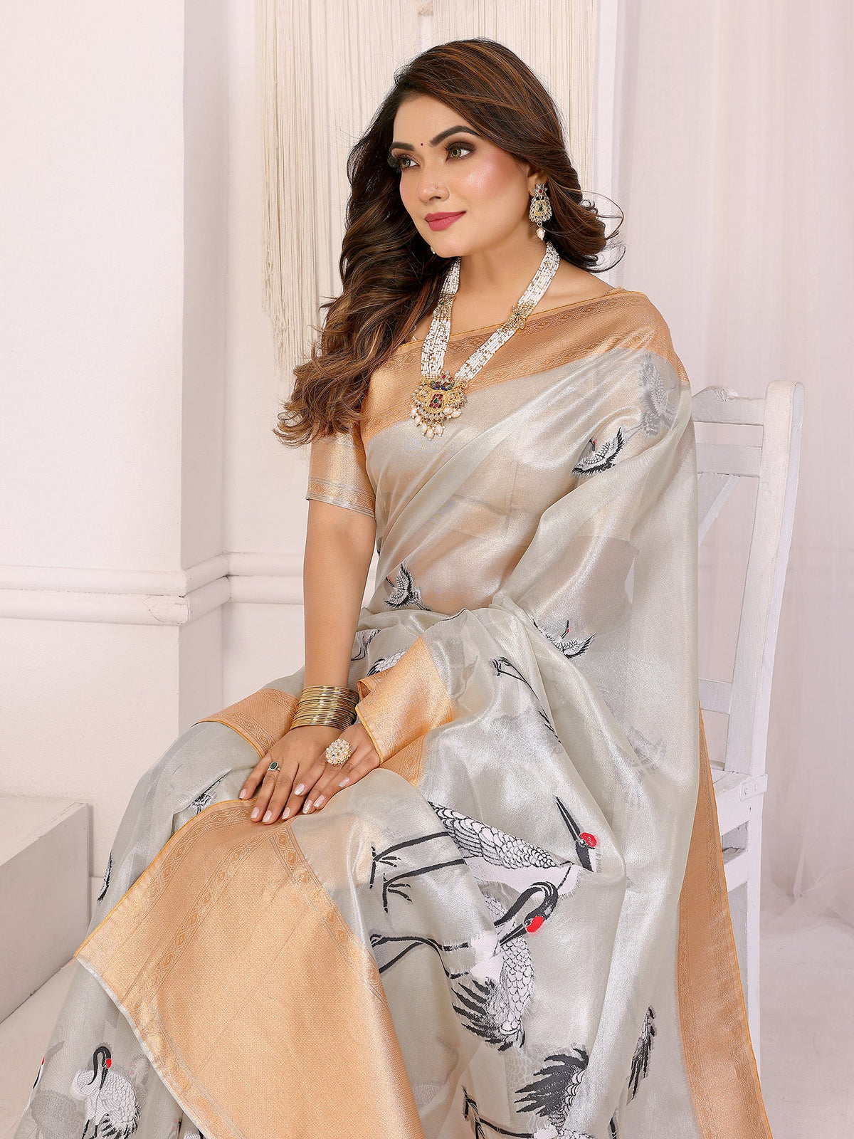 Elora Silver Soft Tissue Silk Cranes Floral Digital Printed Saree | Grocsy