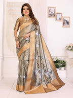 Elora Grey Soft Tissue Silk Cranes Floral Digital Printed Saree | Grocsy