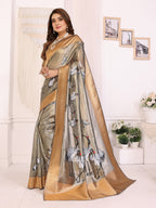 Elora Grey Soft Tissue Silk Cranes Floral Digital Printed Saree | Grocsy