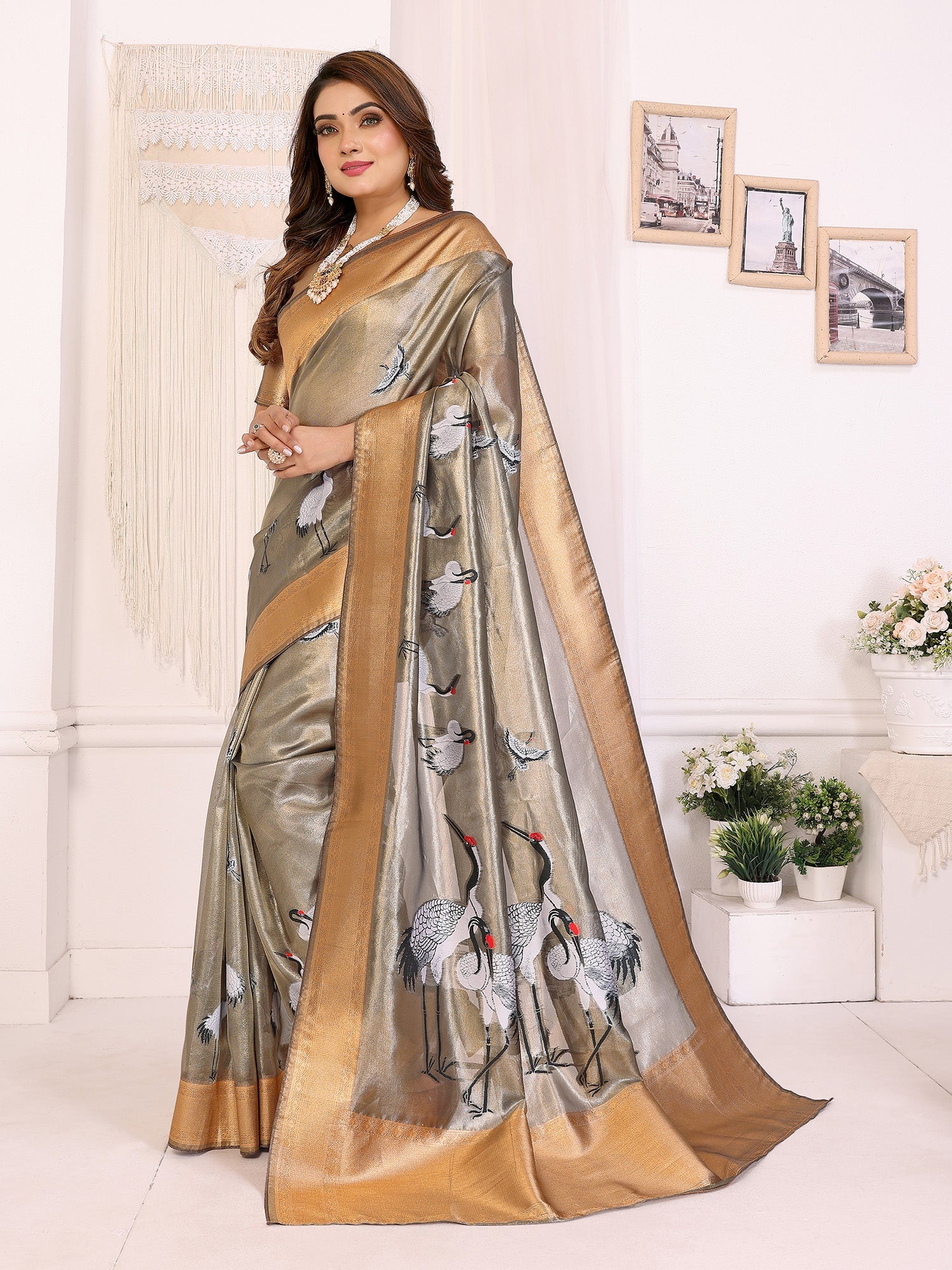 Elora Grey Soft Tissue Silk Cranes Floral Digital Printed Saree | Grocsy