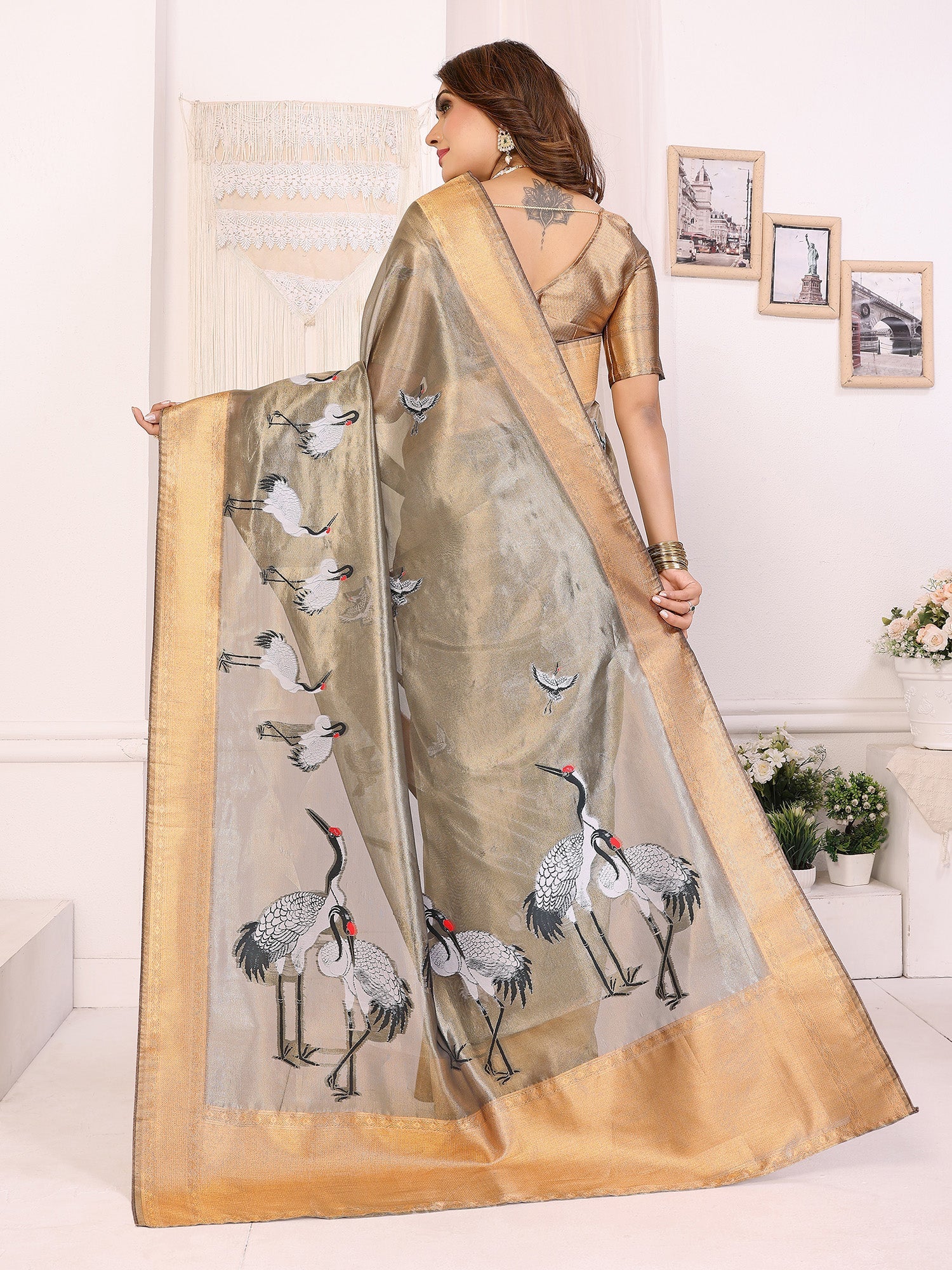 Elora Grey Soft Tissue Silk Cranes Floral Digital Printed Saree | Grocsy