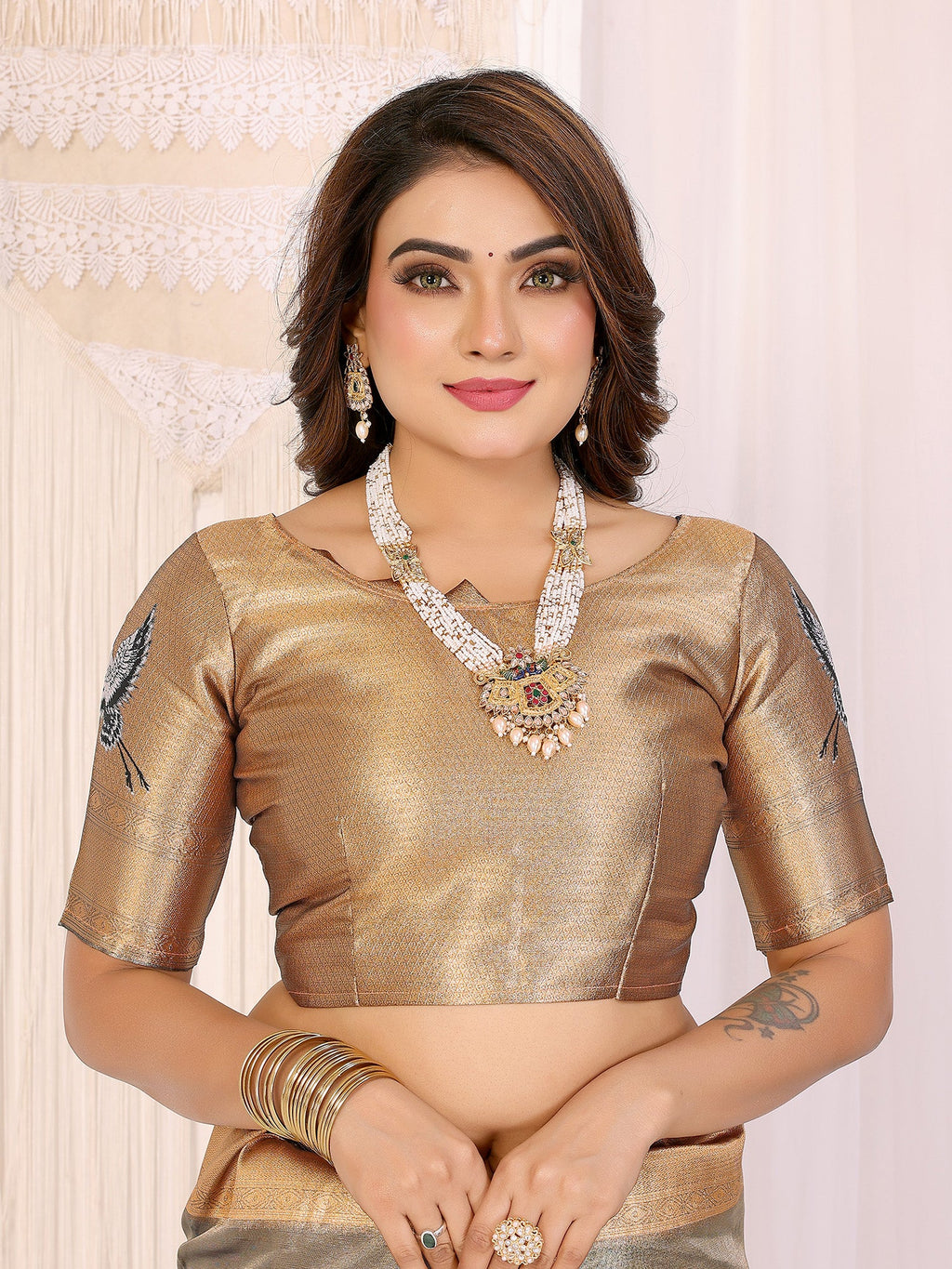Elora Grey Soft Tissue Silk Cranes Floral Digital Printed Saree | Grocsy