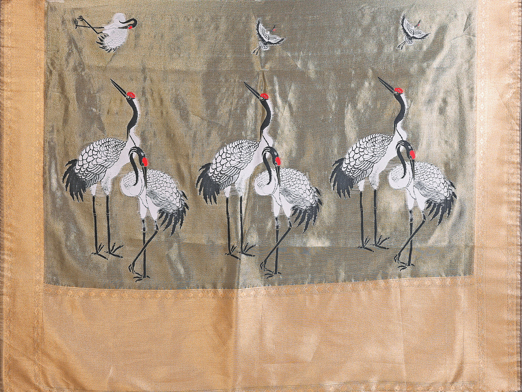 Elora Grey Soft Tissue Silk Cranes Floral Digital Printed Saree | Grocsy