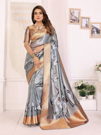 Elora Grey Soft Tissue Silk Cranes Floral Digital Printed Saree | Grocsy