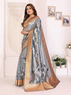 Elora Grey Soft Tissue Silk Cranes Floral Digital Printed Saree | Grocsy