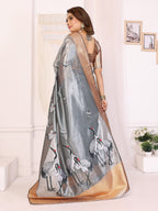 Elora Grey Soft Tissue Silk Cranes Floral Digital Printed Saree | Grocsy