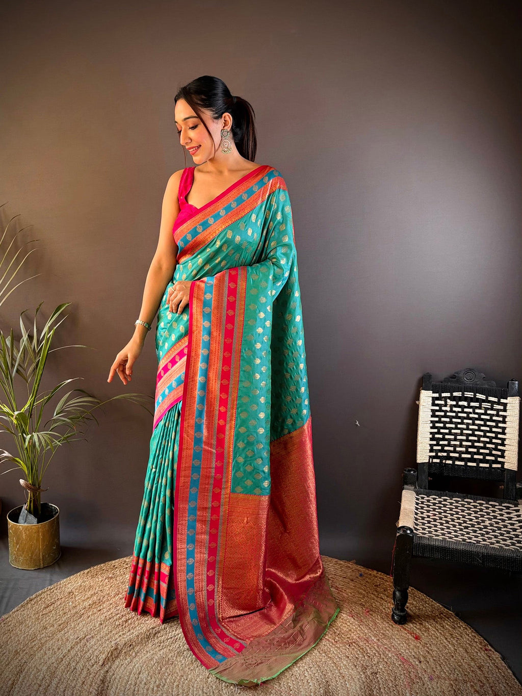 Elora Teal Soft Silk Butti Zari Weaving Work Banarasi Saree | Grocsy