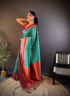 Elora Teal Soft Silk Butti Zari Weaving Work Banarasi Saree | Grocsy