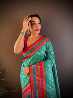 Elora Teal Soft Silk Butti Zari Weaving Work Banarasi Saree | Grocsy