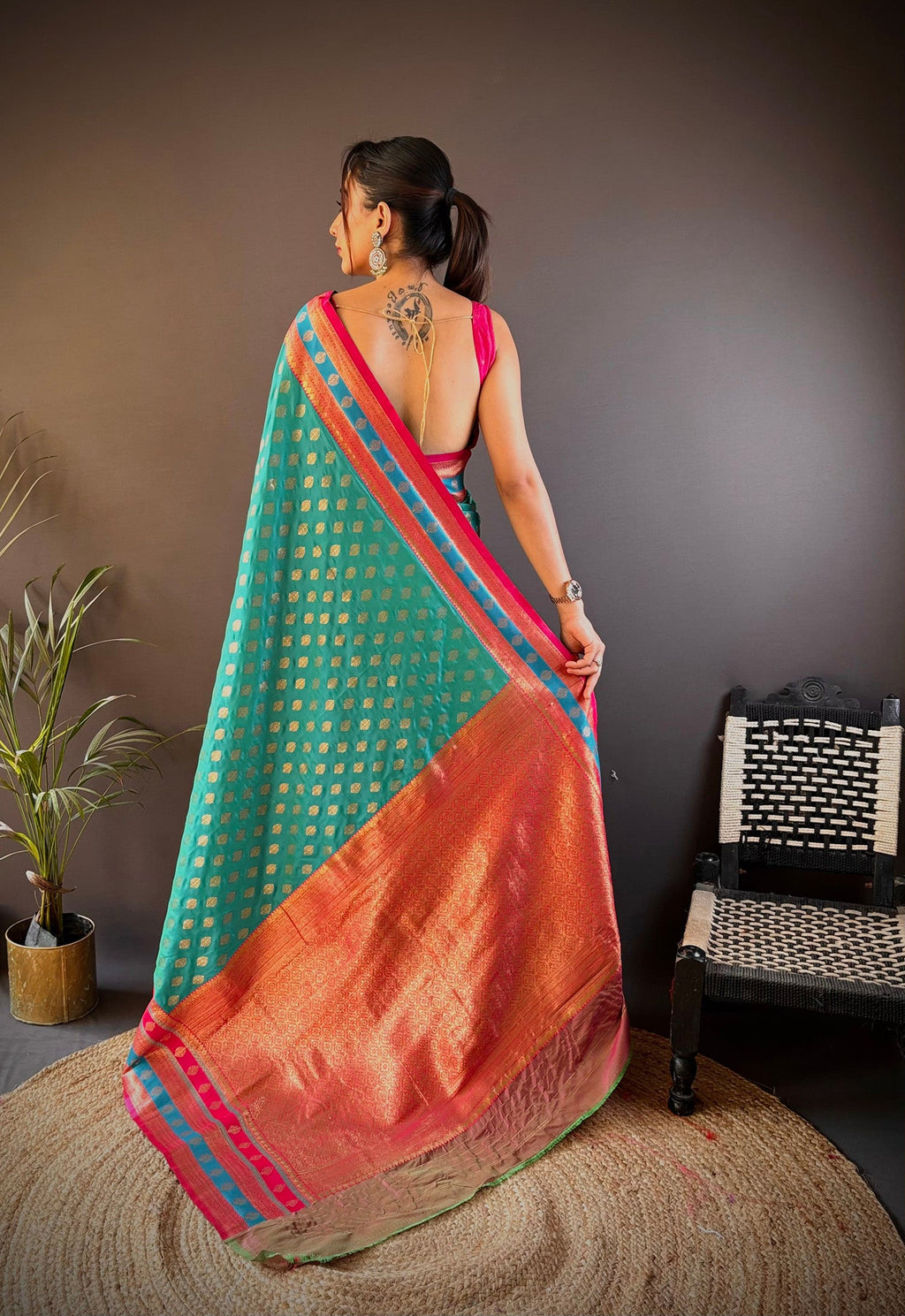 Elora Teal Soft Silk Butti Zari Weaving Work Banarasi Saree | Grocsy