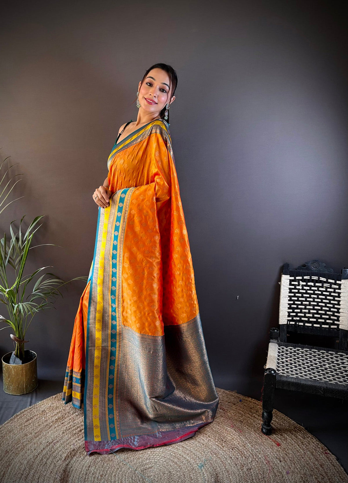 Elora Orange Soft Silk Butti Zari Weaving Work Banarasi Saree | Grocsy