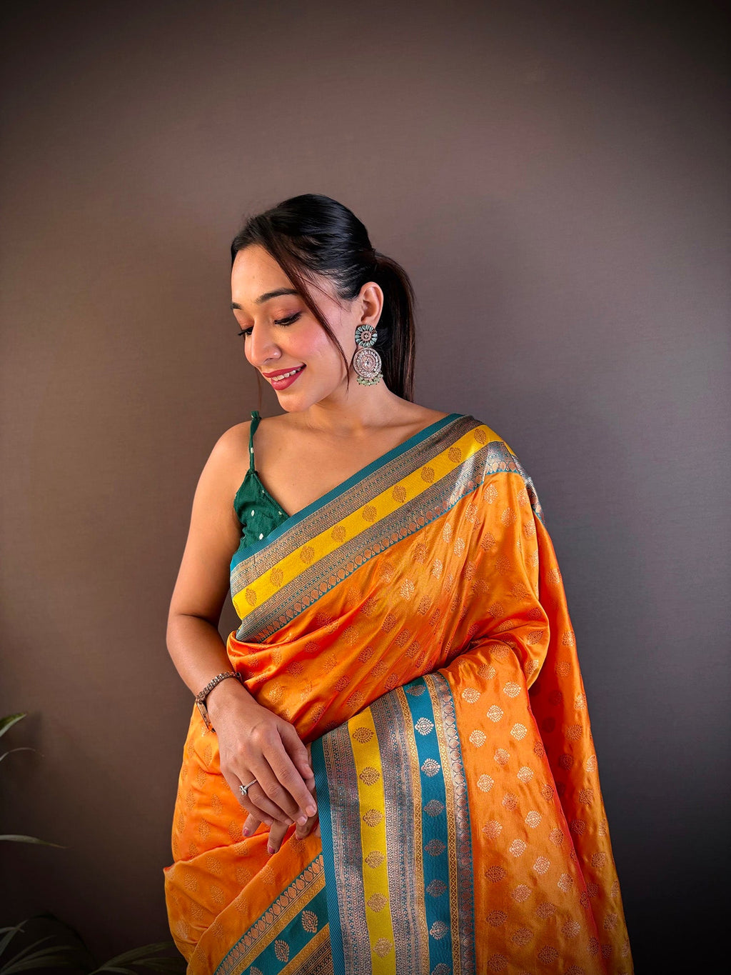 Elora Orange Soft Silk Butti Zari Weaving Work Banarasi Saree | Grocsy
