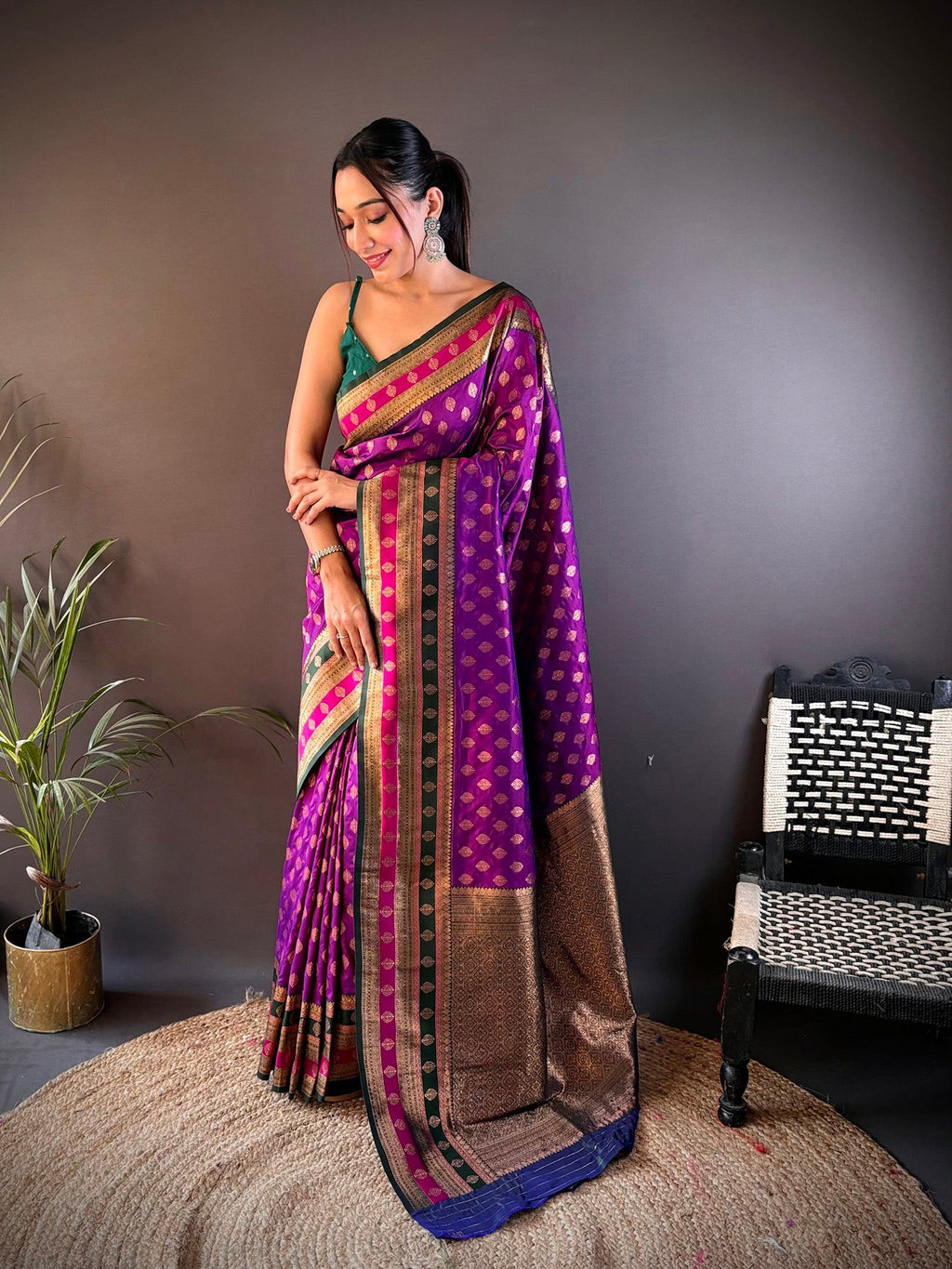 Elora Purple Soft Silk Butti Zari Weaving Work Banarasi Saree | Grocsy