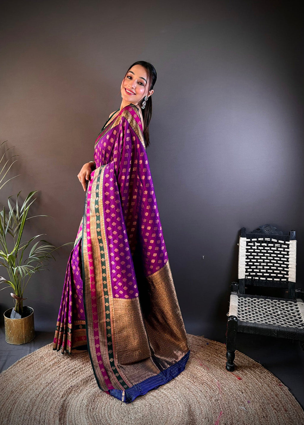 Elora Purple Soft Silk Butti Zari Weaving Work Banarasi Saree | Grocsy