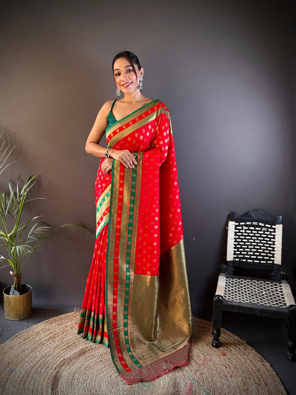 Elora Red Soft Silk Butti Zari Weaving Work Banarasi Saree | Grocsy