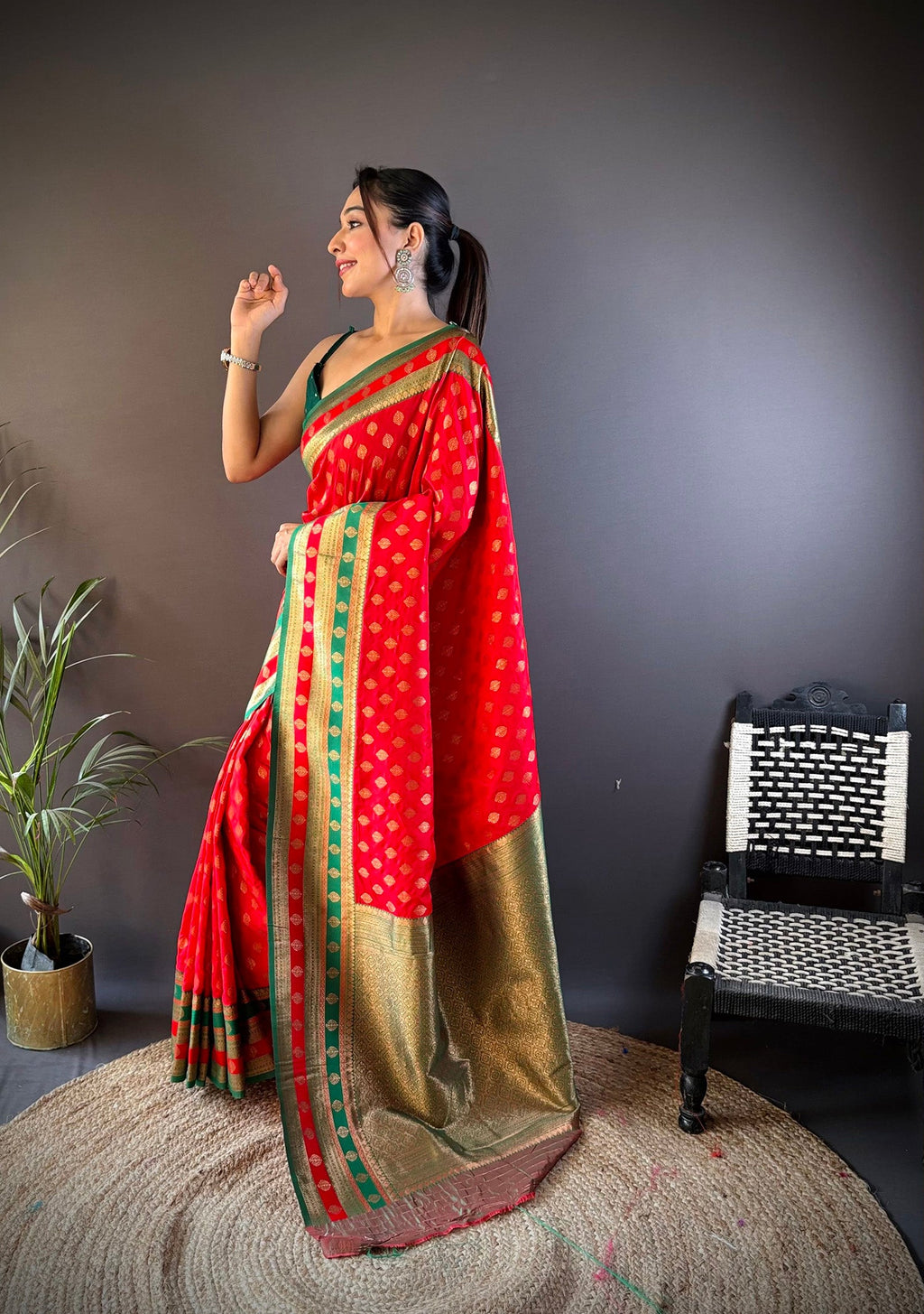 Elora Red Soft Silk Butti Zari Weaving Work Banarasi Saree | Grocsy