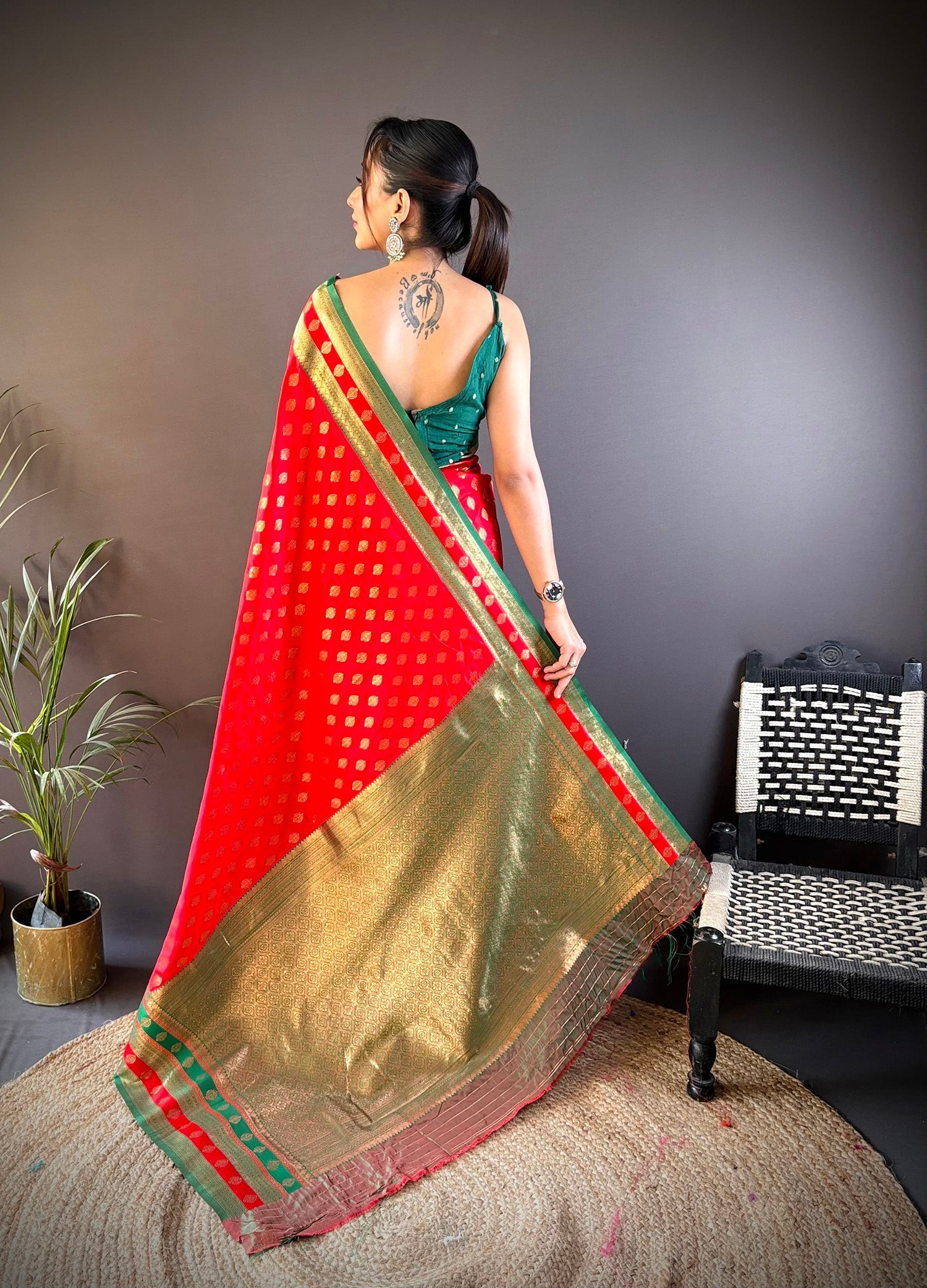 Elora Red Soft Silk Butti Zari Weaving Work Banarasi Saree | Grocsy