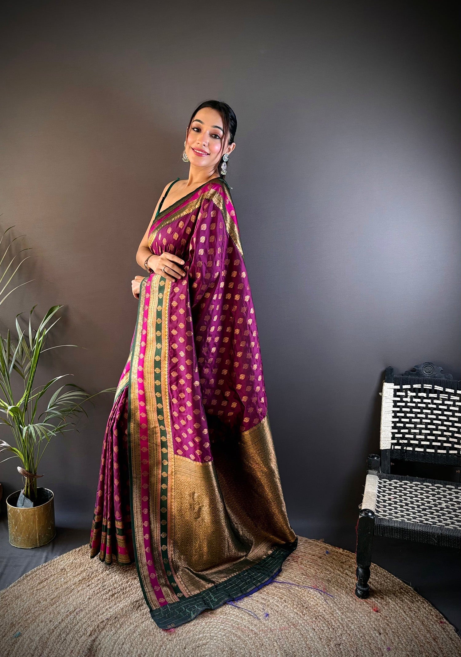 Elora Magenta Soft Silk Butti Zari Weaving Work Banarasi Saree | Grocsy