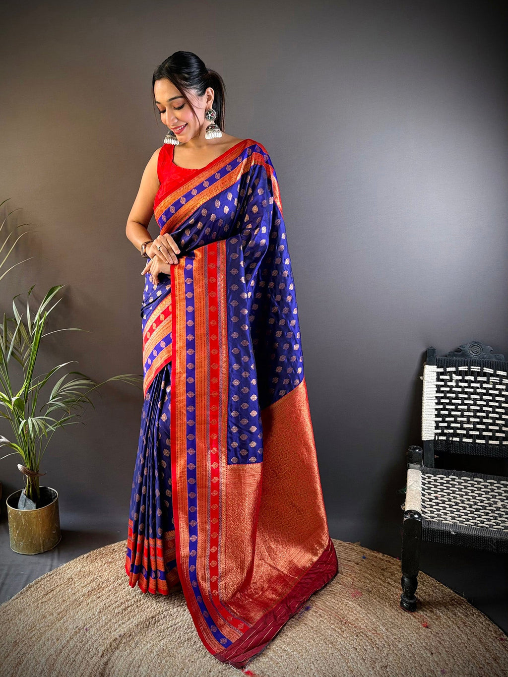 Elora Royal Blue Soft Silk Butti Zari Weaving Work Banarasi Saree | Grocsy
