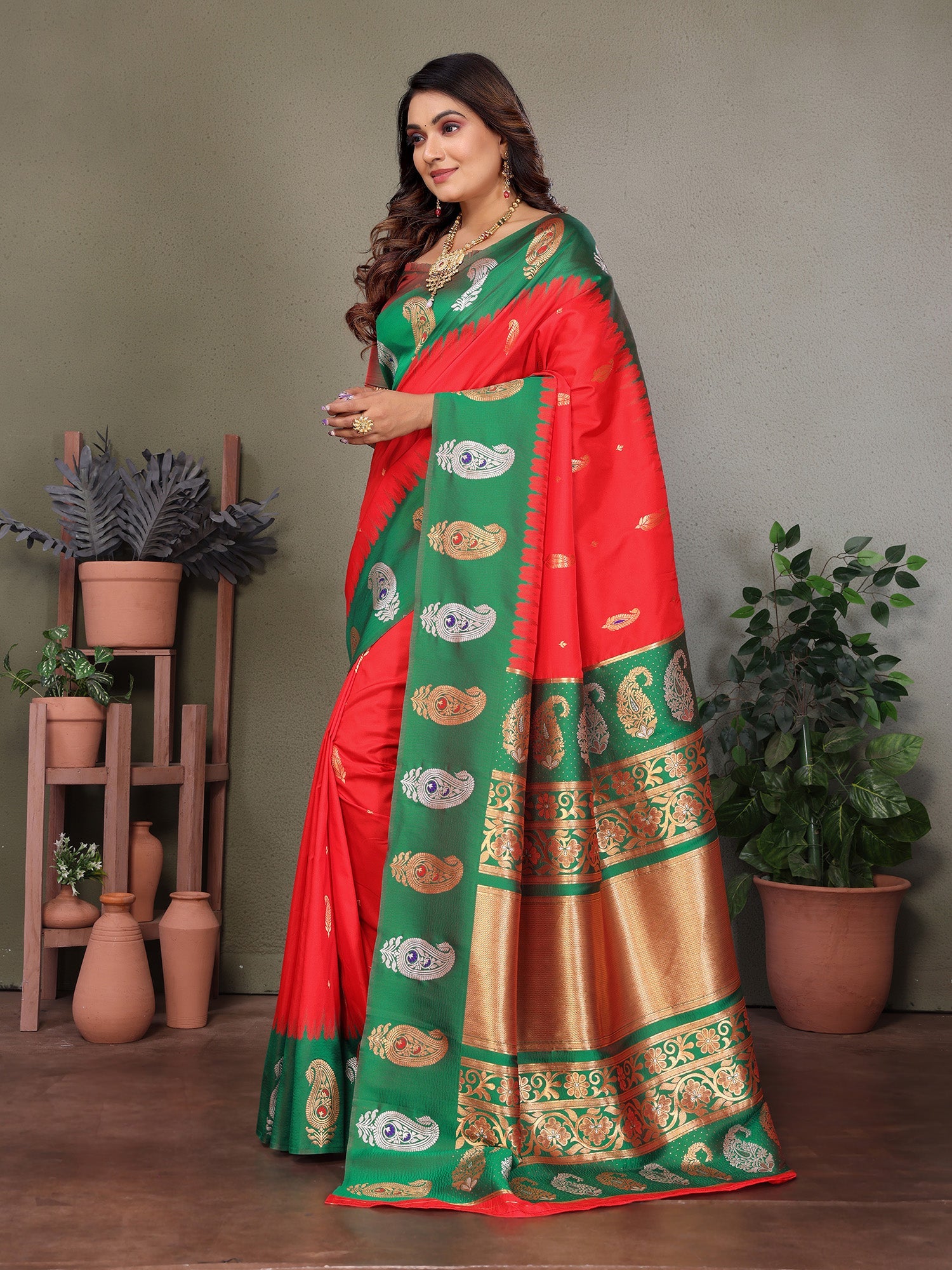 Elora Red Soft Silk Silver And Golden Zari Weaving Banarasi Saree With Paisley Zari Work Border | Grocsy