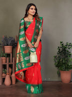 Elora Red Soft Silk Silver And Golden Zari Weaving Banarasi Saree With Paisley Zari Work Border | Grocsy
