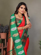 Elora Red Soft Silk Silver And Golden Zari Weaving Banarasi Saree With Paisley Zari Work Border | Grocsy