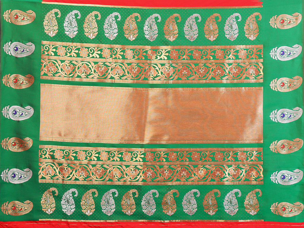 Elora Red Soft Silk Silver And Golden Zari Weaving Banarasi Saree With Paisley Zari Work Border | Grocsy