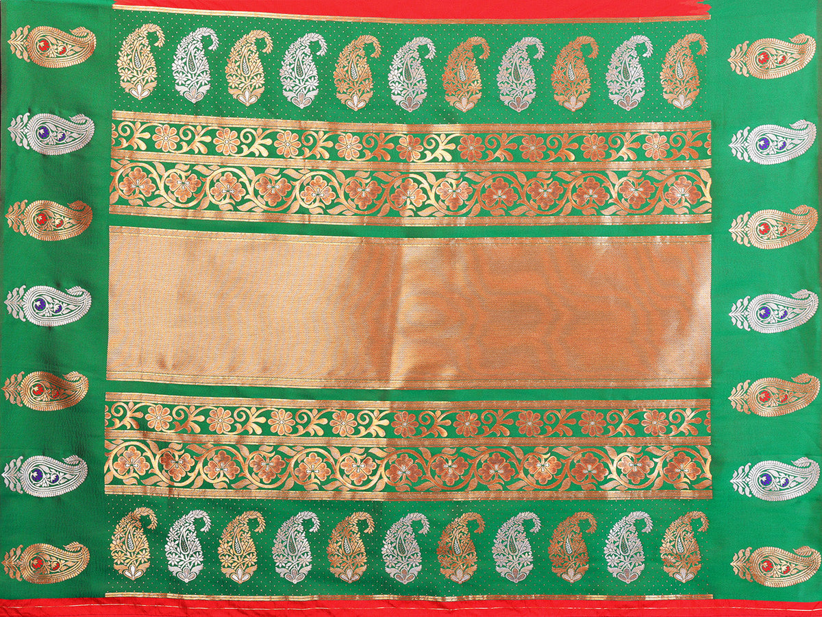 Elora Red Soft Silk Silver And Golden Zari Weaving Banarasi Saree With Paisley Zari Work Border | Grocsy