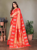 Elora Peach Soft Silk Silver And Golden Zari Weaving Banarasi Saree With Paisley Zari Work Border | Grocsy