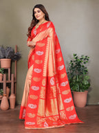 Elora Peach Soft Silk Silver And Golden Zari Weaving Banarasi Saree With Paisley Zari Work Border | Grocsy