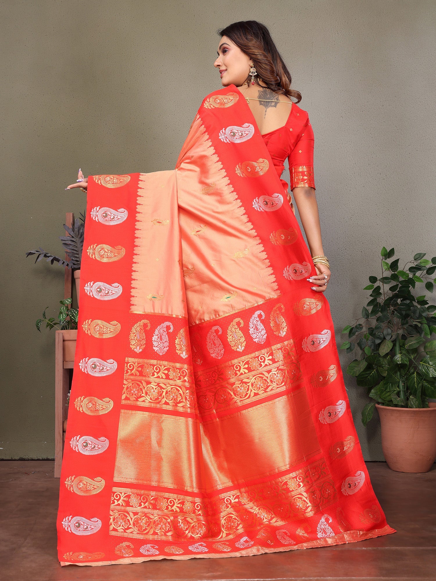 Elora Peach Soft Silk Silver And Golden Zari Weaving Banarasi Saree With Paisley Zari Work Border | Grocsy