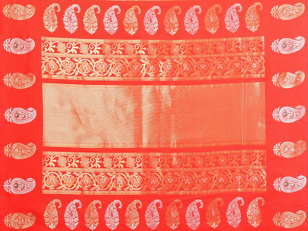 Elora Peach Soft Silk Silver And Golden Zari Weaving Banarasi Saree With Paisley Zari Work Border | Grocsy