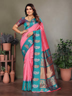Elora Pink Soft Silk Silver And Golden Zari Weaving Banarasi Saree With Paisley Zari Work Border | Grocsy